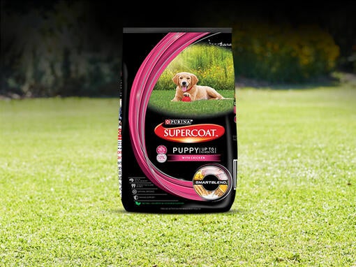 Supercoat Puppy Dog Food Product Packs on Grass